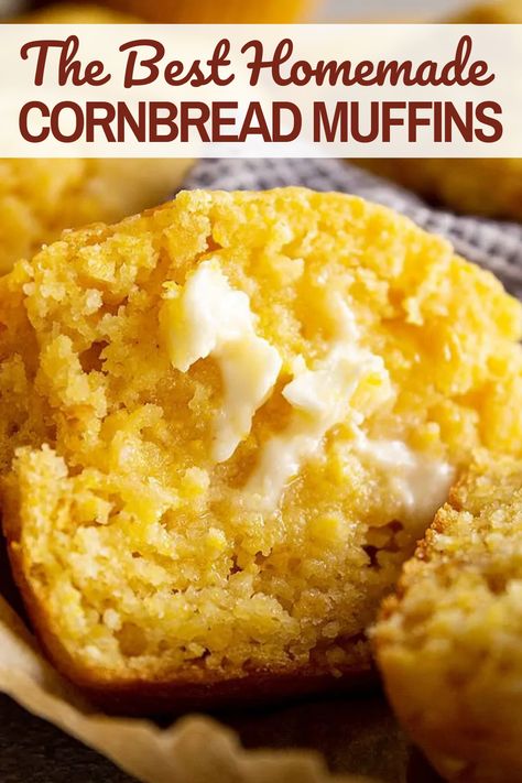 Cornbread muffin cut in half with butter. Homemade Cornbread Muffins, Easy Cornbread Muffins, Recipe Cornbread, Sweet Cornbread Muffins, Homemade Cream Corn, Cornbread Muffins Recipe, Cornbread Cake, Cornbread Recipe Sweet, Cornbread Recipes