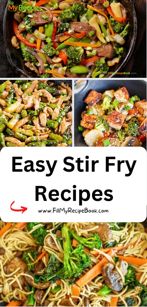 Easy Stir Fry Recipes to make for a light meal. Stir fry recipes are quick healthy and include veggies and rice or noodles and a sauce. Stir Fries Recipes, Easy Veggie Stir Fry Recipes, Quick And Easy Stir Fry Recipes, Chicken Stir Fry With Rice And Veggies, Easy Chicken Veggie Stir Fry, Stir Fry With Frozen Vegetables, Easy Stir Fry With Frozen Veggies, Stir Fry Chicken And Veggies With Noodles, Happy Family Stir Fry