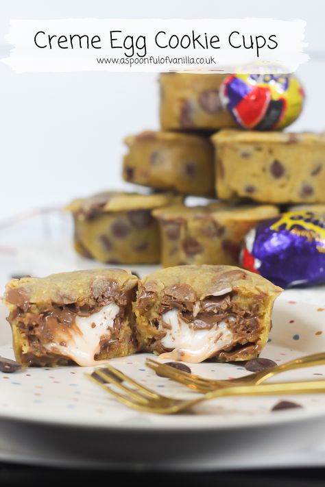 Cream Egg Dessert, Easter Cookie Cups, Creme Egg Cookie, Cadbury Cream Egg Desserts, Vanilla Baking Recipes, Cadbury Cream Egg, Cadbury Creme Egg Cookies, Mini Cadbury Egg Desserts, Cadbury Creme Egg Recipes