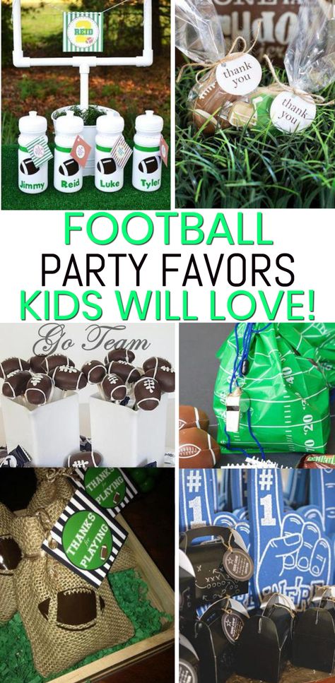 Football Party Favors! The best party favors for birthdays and end of season parties. Boys and girls will love any of these favor ideas from goodie bags to candy to gumballs to toys. Coolest football party favors! Tailgate Goodie Bags, Sports Themed Birthday Party Favors, Football Themed Birthday Party Favors, Football Favors For Players, Flag Football Birthday Party Ideas, End Of Football Season Gifts, End Of Season Flag Football Gifts, End Of Year Football Party, Tailgate Birthday Party Ideas Kids