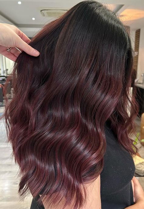 Chocolate Cherry Ombre Hair, Low Maintenance Red Brown Hair, Cherry Coke Hair Color Balayage, Burgundy Brown Highlights, Cherry Chocolate Brown Hair Color, Light Brown With Burgundy Highlights, Dark Brown Hair With Hints Of Red, Cherry Coke Highlights On Brown Hair, Cherry Cola Ombre Hair