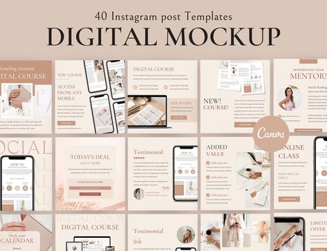 40 Instagram Digital Mockup Post Template Bundle Perfect for Online Coaches, Course Creators and Small business owners. 𝐖𝐇𝐀𝐓'𝐒 𝐈𝐍𝐂𝐋𝐔𝐃𝐄𝐃? ★ A PDF File with a Link to you Canva Template (Works with both Free and Canva Pro) ★ 40 Canva Post Templates - Digital product & Online Course Mockups  ★ Fully customisable text, fonts and Images ✨ All Templates are completely editable to suit your branding. Edit the Template on your computer or la Canva Tips, Mood Board Template, Bookkeeping Templates, Digital Mockup, Bag Mockup, Canva Pro, Branding Mockups, Text Fonts, Mockup Templates