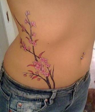 Hip Tattoos For Girls, Tattoo Cherry, Flower Hip Tattoos, Tattoos To Cover Scars, Cherry Tattoos, Stomach Tattoos, Blossom Tattoo, Cherry Blossom Tattoo, Thigh Tattoos Women