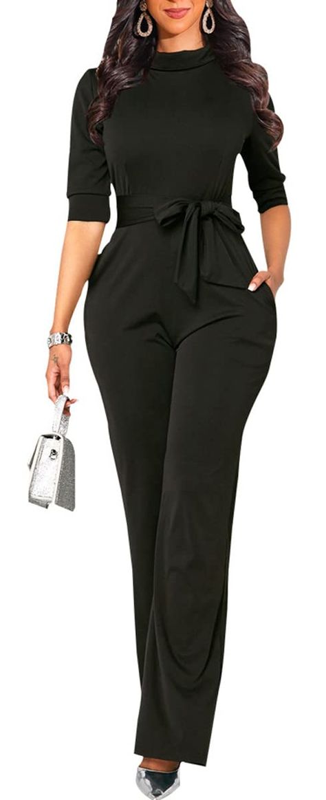 PRICES MAY VARY. Jumpsuits for women dressy made of soft and stretchy fabric,feels good on skin,looks great on. Feature: Half Sleeve, Round Neck, Solid color, wide leg , Long Pants Jumpsuits Romper with belt. Design: dressy round neck design makes you look so beautiful,cute,fashion and elegant.wide leg long pant was easy to wear and cool, match heels or sandals will look well.This sexiness jumpsuit will make you be more charming. Occasion:Elegant jumpsuits for women perfect for Daily Casual,Club Black Outfits For Women Casual, Yacht Party Outfit Night, Wide Leg Pants Business Casual, All Black Party Outfit, Birthday Party Outfit Women, Jumpsuits For Women Formal, Pants Business Casual, Elegant Rompers, Romper Long Pants