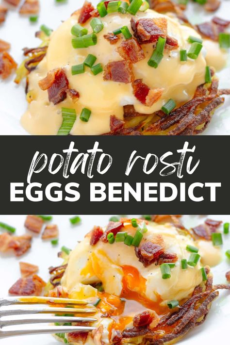 This Rosti Eggs Benedict recipe is brunch heaven! Picture this: golden crisp potato rosti topped with perfectly poached eggs, creamy hollandaise sauce, crispy bacon bits and a sprinkle of chopped chives. Absolutely mouthwatering! This delicious eggs Benedict variation is perfect for a special brunch like Easter brunch, Mother's Day brunch, Valentine's Day, Christmas brunch or anytime you want to treat yourself! | www.mapleandmango.com