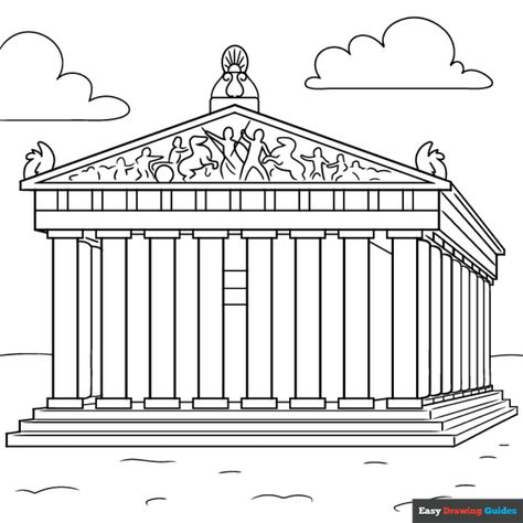 Free Parthenon Temple Coloring Page for Kids Athena Temple Drawing, Greek Temple Drawing, Temple Coloring Page, Easy Drawing Guides, Drawing Guides, Children Sketch, Temple Pictures, Landscape Sketch, Popular Cartoons