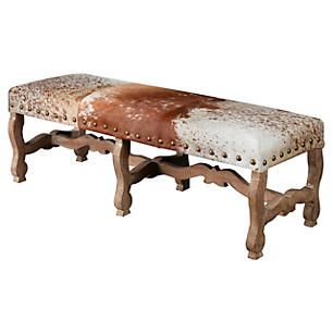 Penny 59" Nail-Head Bench, Cowhide Cowhide Upholstery, Cowhide Bench, Loft Designs, Entry Furniture, Ranch Decor, Western Furniture, Southwest Decor, Living Room Bench, Learn Woodworking