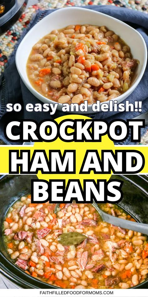 This super easy Crockpot Ham and Beans soup is so easy! Made with dry beans it cost pennies to make. Just a few ingredients and you have a hearty comfort food the whole family will love! Crockpot Bean Soup Ham, How To Make Soup Beans In A Crock Pot, Beans In Crockpot Dried, Crockpot Ham And Beans No Soak, Ham N Beans Crockpot, Hammock And Beans Crockpot, Crockpot Ham Soup, Crockpot Dry Beans, Ham Beans Crockpot