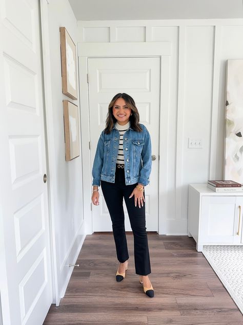 casual fall outfit / denim jacket / stripe shirt / slingback heels / jean jacket / fall outfit / fall style Denim Jacket Business Casual Outfit, Denim Jacket Business Casual, Denim Shirt Work Outfit, Denim Jacket Work Outfit, Black Jean Jacket Outfits, Jacket Fall Outfit, Outfit Denim Jacket, Mom Core, Realistic Fashion