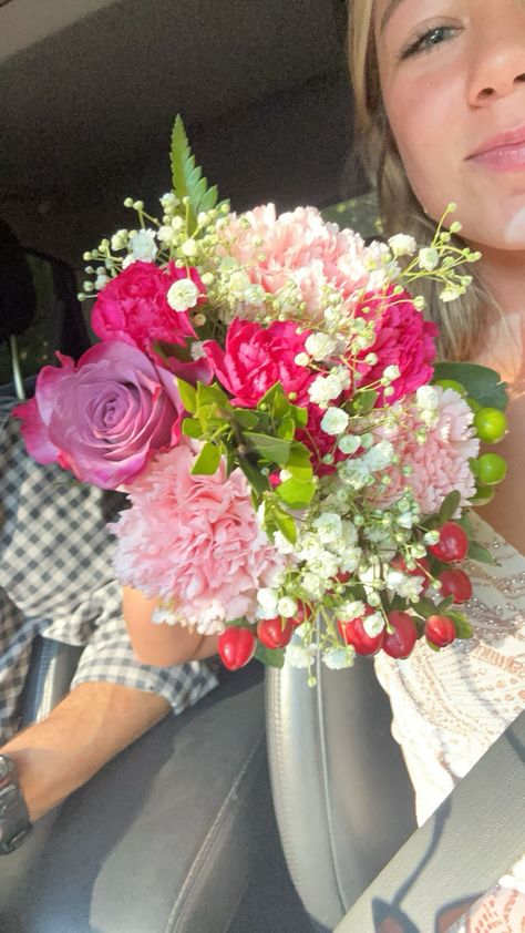 Flower Bouquets For Prom, Diy Bouquet Prom, Homecoming Flower Bouquet, Colorful Bouquet Prom, Spring Prom Bouquet, Flower Bouquets Aesthetic, Homemade Prom Bouquet, Pink Homecoming Bouquet, Flower Prom Bouquets