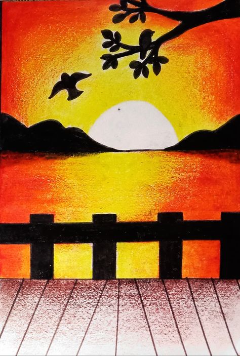 Simple Scenery Drawing For Kids, Competition Drawing, Holi Drawing, Basic Drawing For Kids, Scenery Drawing For Kids, Sunset Drawing, Easy Scenery Drawing, Color Wheel Art, Poster Rangoli