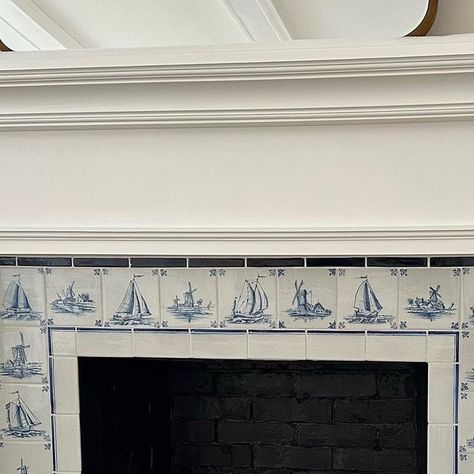 Delft Tile Fireplace Surround, Delft Tiles Fireplace, Delft Tile Fireplace, Delft Fireplace, Dutch Fireplace, White Fireplace Surround, Nautical Tiles, Fireplace Hearth Tiles, Dutch Interior Design