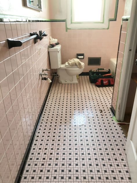 Vintage Tile Bathroom: Embracing The 1950s Pink with Modern Updates - T. Moore Home Interior Design Studio Pink Tile Bathroom Ideas, Pink Vintage Bathroom, Vintage Tile Bathroom, Pink Tile Bathroom, Pink Bathroom Tiles, Vintage Bathroom Tile, Pink Tile, Retro Bathrooms, Bathroom Diy