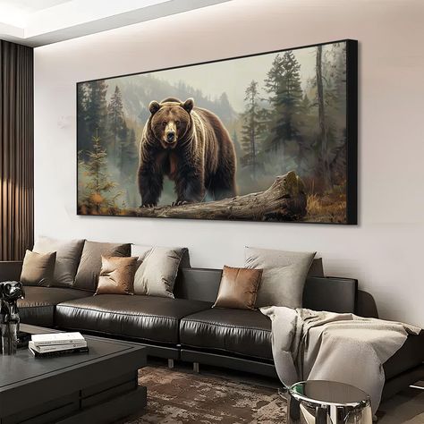 Forest Wall Art Living Room, Forest Office Decor, Wildlife Decorating Ideas Living Rooms, Bear Home Decor, Elk Pictures, Bachelor Pad Decor, Black Bear Decor, Wild Pictures, Mountain Condo