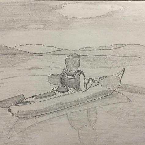 How To Draw A Kayak, Kayaking Drawing, Kayak Drawing, Boat Sketch, Landscape Pencil Drawings, Art Male, Sailboat Art, Sketches Art, Drawing Charcoal