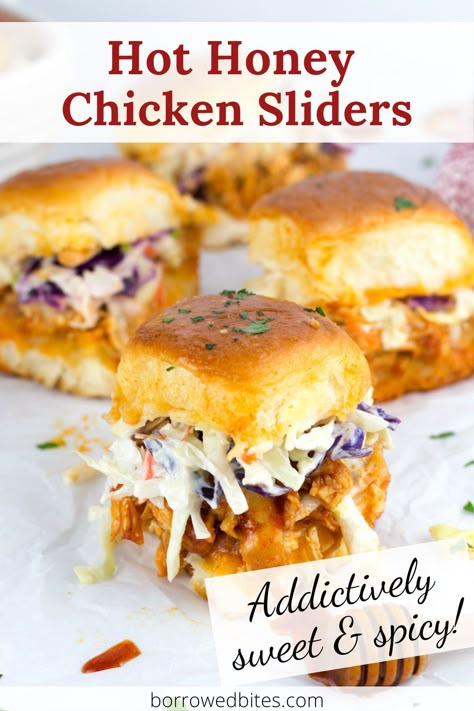 Packed with the most amazing sweet and spicy sauce, these chicken sliders layer sweet Hawaiian rolls, gooey cheese, and a smokey hot honey sauce! Finish them off with a creamy coleslaw for the best bite-sized sandwich around. Made with rotisserie chicken they make the perfect dinner or easy party food! Shredded Chicken Sliders, Easy Chicken Sliders, Hot Honey Sauce, Sweet Hawaiian Rolls, Sliders Recipes Hawaiian Rolls, Easy Slider Recipes, Sliders Recipes Chicken, Slider Sandwiches, Appetizer Sandwiches