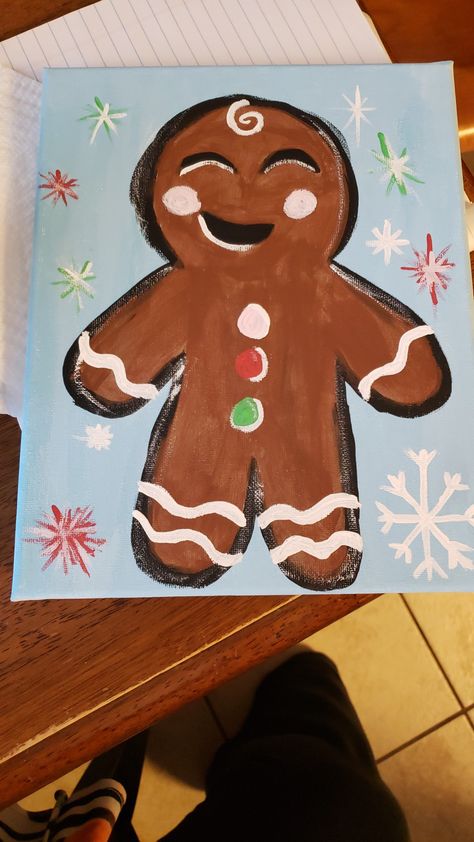 Gingerbread Man Art Project, Easy Things To Paint Christmas, Christmas Oil Pastel Drawings, Simple Painting Ideas Christmas, Gingerbread Man Painting On Canvas, Easy Winter Paintings For Kids, Easy Paintings Christmas, Gingerbread Paintings On Canvas, Kids Christmas Painting Ideas