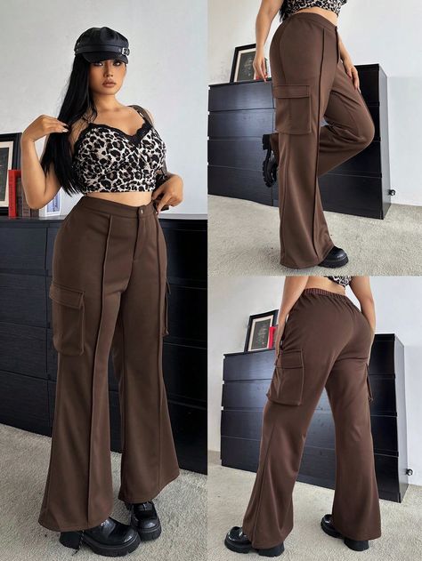 High Waisted Slim Fit Flare Leg Cargo Pants With Pockets, Fashionable Plus Size Casual Trousers, Autumn New Arrival Coffee Brown Casual   Knitted Fabric Plain Flare Leg Slight Stretch  Women Plus Clothing, size features are:Bust: ,Length: ,Sleeve Length: Film Fancy Dress, Cargo Pants With Pockets, Pants With Pockets, Women's Shapewear, Pantalon Cargo, Casual Trousers, Inspiration Mode, Plus Size Casual, Long Sleeve Casual