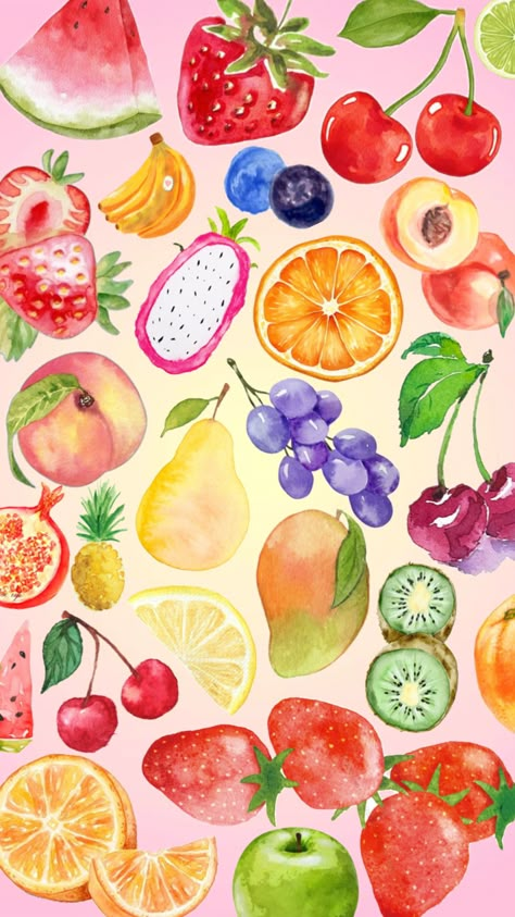 fruit wallpaper #lockscreen #wallpaper #fruit #watercolor Fruit Repeat Pattern, Vintage Fruit Wallpaper, Fruit Background Aesthetic, Fruit Wallpaper Aesthetic, Fruit Pfp, Tree Leaf Wallpaper, Wallpaper Fruit, Fruits Wallpaper, Fruit Collage