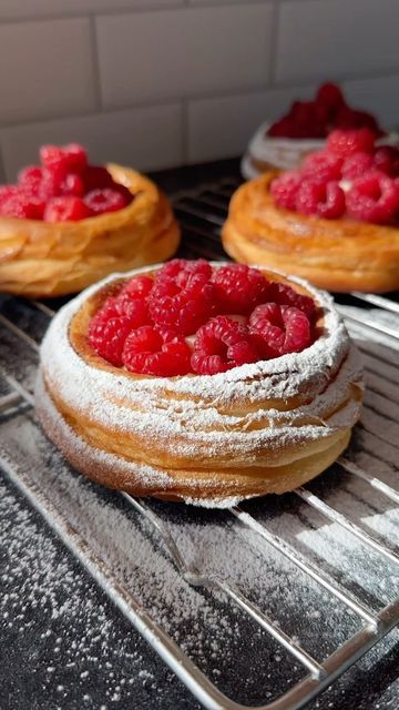 Natalya Syanova on Instagram: "Last week, we went raspberry picking, and the only thing that came to mind was making this delicious raspberry danish 😋 Directions⬇️⬇️⬇️ ⭐️ laminated croissant dough( recipe posted on on my website) 3 single folds, rolled to 6mm thick, cut 10 cm circles. ⭐️Vanilla Pastry Cream - 300 g milk -75 g heavy cream 35% -2 vanilla bean -75 g eggs yolks -35 g cornstarch -100 g sugar -50g white chocolate -2.5 grams gelatin soaked in 10g water ⭐️Raspberry jam -1 cup raspberries -1/2 cup sugar -1 tbs lemon juice #raspberry #danish #recipes" Raspberry Danish Recipe, Natashas Baking, Croissant Dough Recipe, Raspberry Croissant, Raspberry Danish, Raspberry Picking, Baking Instagram, Pretzel Bites Recipes, Kitchen Witch Recipes