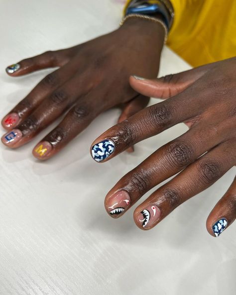 ClawsByAdri 🧚🏽✨ on Instagram: “Details ❤️‍🔥😍 hand painted BAPE Inspired manicure (with the exception of one pinky 😂) 📍Located in Brooklyn NY #brooklynnails #bknailtech…” Men’s Nail Art Design, Manicure Ideas For Men, Bape Nails Design, Men Painted Nails, Men With Painted Nails, Asap Rocky Nails, Men’s Manicure, Couple Nails Matching, His And Hers Nails