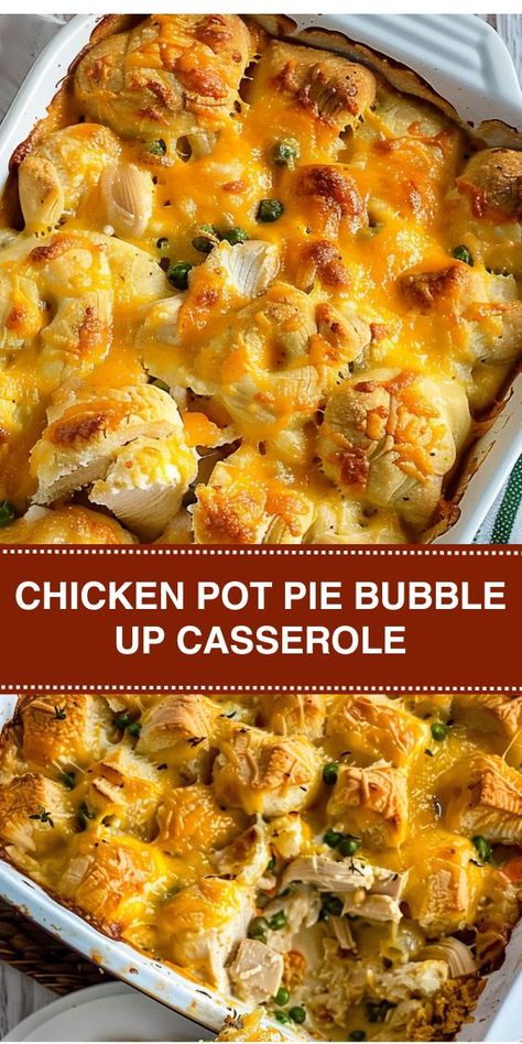 Looking for a delicious dinner idea? Try our Chicken Pot Pie Bubble Up Casserole! Packed with shredded chicken, creamy soup, veggies, and cheese, all topped with golden biscuits. It's comfort food at its finest! Perfect for family dinners or potlucks. Bubble Up Casserole, Casserole Dinners, Best Chicken Pot Pie, Chicken Pot Pie Casserole, Chicken Casseroles, Crock Pot Recipes, Chicken Pie, Dinner Meal, Pot Pies Recipes