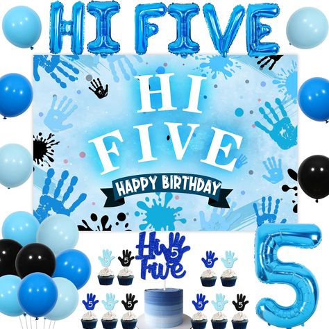 PRICES MAY VARY. Hi Five Birthday Party Decorations: The package includes 1 x High Five backdrop, 1 x glitter cake topper, 12 x cupcake toppers, 16 x latex balloon(12 inches), 1 x High Five foil balloon(16 inches), 1 x number 5 foil balloon, which can meet all your demands for boy 5 years old party decoration Blue High Five Backdrop: A alluring birthday banner backdrop quoting "High Five Happy Birthday" featured with blue and white elements, printed with blue spotting and handprint that adds the I Got 5 On It Birthday, High 5 Birthday Party Theme Boy, Hi Five Birthday Party Ideas Boys, 5 Year Boy Birthday Party Ideas, 5th Birthday Boy Themes, Hi 5 Birthday Party Ideas, 5th Birthday Party Ideas For Boys, 5 Year Birthday Party Ideas Boy, High 5 Birthday Party Theme