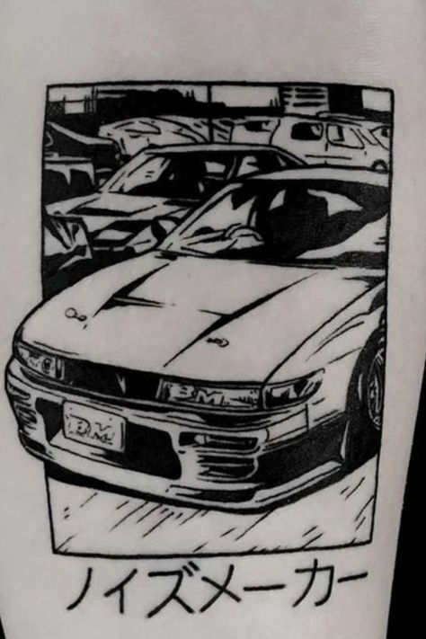 240sx Tattoo, Initial D Painting, Jdm Car Tattoo Ideas, Drift Car Tattoo, Drifting Tattoo, Jdm Car Sketch, Jdm Car Tattoo, Jdm Tattoo Ideas, Jdm Sketch