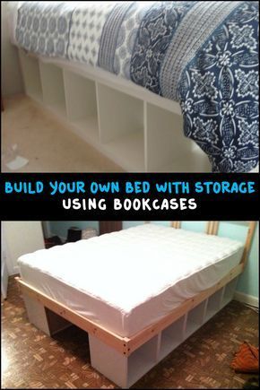 Using bookcases as a bed frame is one easy way to build a bed with storage! Is this going to be your next DIY project? Platform Bed Diy, Bedframe Diy, Diy Bed Frame Easy, Kids Platform Bed, Beautiful Bed Designs, Diy Storage Bed, Murphy Bed Ikea, Diy Platform Bed, Bookcase Diy