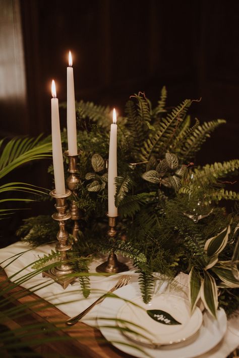 October Greenery Wedding, Ferns Table Decor, Green Taper Candles Wedding, Jungle Glam Wedding, Wedding Table Greenery And Candles, Live Plants Wedding Decor, Forest Green Table Setting, Fern Tablescape, Ferns Wedding Decor