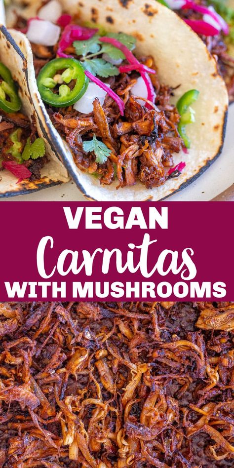 These are the best Vegan Carnitas! They're made with king trumpet mushrooms and have the best texture and flavor! They're easy to make and go so well in tacos, burritos, nachos and more! These vegan carnitas tacos will be a huge hit at your next vegan taco night. Even mushroom haters love these! #vegancarnitas #carnitastacos #vegan #dinner #tacos Vegan Carnitas, Dinner Tacos, Trumpet Mushrooms, Mexikansk Mat, Vegan Taco, Carnitas Tacos, Carnitas Recipe, Tacos Burritos, Taco Night