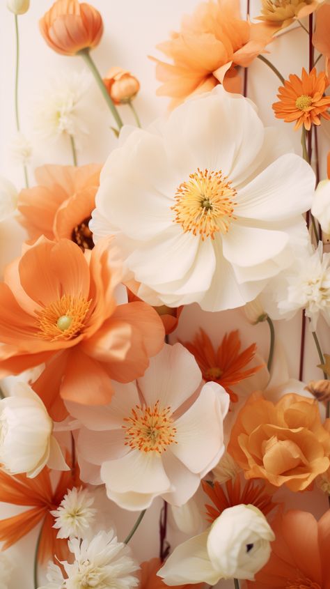 The image displays a beautiful assortment of flowers composed in a visually appealing manner. Predominant colors are shades of white and orange, creating a warm and inviting palette. In the foreground, a large white flower with delicate, translucent petals and a detailed yellow-orange center commands attention, serving as a striking focal point among the surrounding blossoms. This flower, possibly a kind of poppy or peony, is complemented by various blooms in softer whites and vibrant oranges, White And Orange Aesthetic, Orange Flower Background, Orange Flowers Aesthetic, Bloom Background, Orange White Flowers, Boho Event, White And Orange Flowers, Orange Peonies, Orange Peony