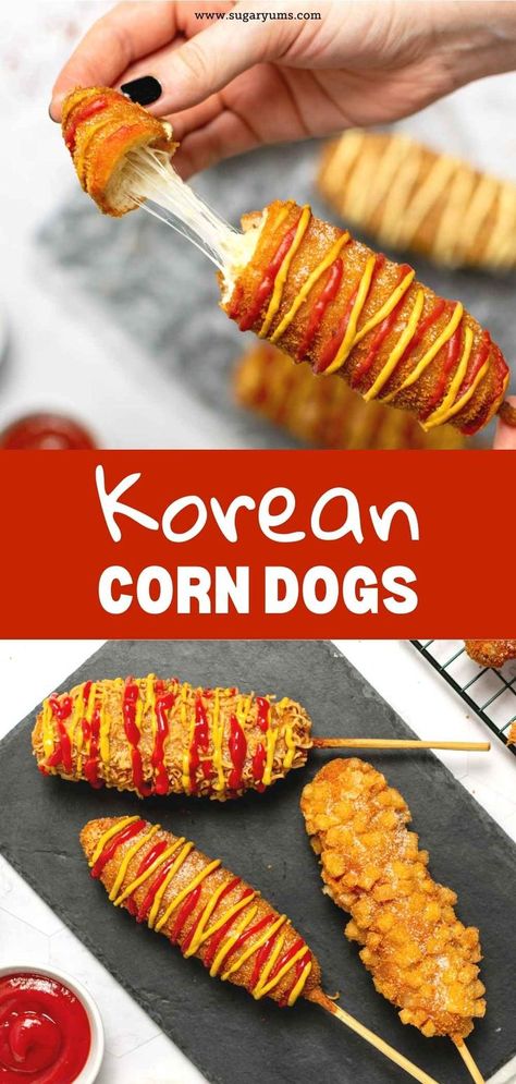 Cheesy Korean corn dogs with cheese middle and different toppings Korean Hot Dog Recipe, Korean Corn Dog Recipe, Korean Potatoes, Homemade Corndogs, Korean Corn, Ramen Toppings, Easy Korean Recipes, Corndog Recipe, Potato Dog