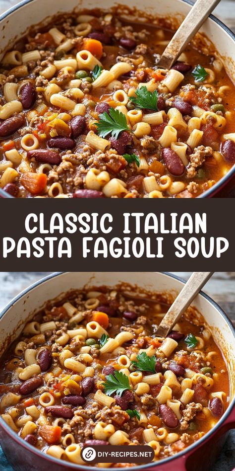 Make a classic Italian Pasta Fagioli soup at home! This recipe features beans, pasta, and fresh veggies in a rich, flavorful broth. Pasta Fagioli Giada Recipe, Italian Pasta Fagioli Soup, Pasta Fragole Soup, Vegetarian Pasta Fagioli Soup, Pasta Fagioli Recipe Traditional, Italian Pasta Soup, Authentic Italian Soup Recipes, Pasta Fazool Recipe Italian, Ministroni Soup Recipe