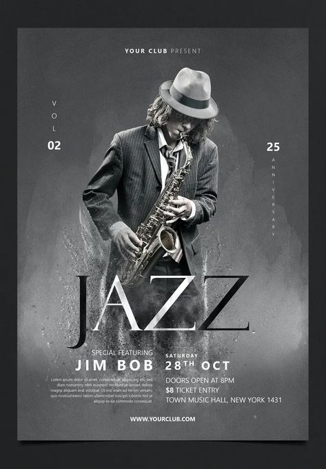 Jazz Flyer Design PSD Jazz Bar, Jazz Poster, Festival Flyer, Jazz Festival, Flyer Design Templates, Thank You For Purchasing, Event Poster, Beautiful Places In The World, Professional Business Cards