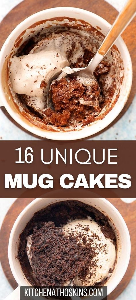 Learn how to make the best mug cakes that are eggless and made easily in the microwave. You will find unique cake ideas using almond flour, chai tea, oatmeal or crushed Oreo cookies. Get the easy microwave mug cake recipes made without eggs at kitchenathoskins.com. 6 Easy Mug Cake Recipes, Mug Cakes Recipes Microwave, Easy Small Cakes Ideas, Mug Cup Recipes, Quick Mug Recipes, Vegan Cake In A Mug, Meal In A Mug Recipes, Mug Cake Microwave Vegan, Microwave Mug Desserts