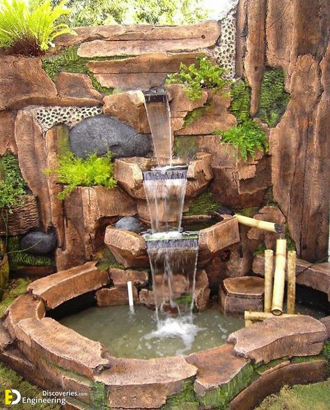 32 Small Pond Design Ideas For Gardens With Waterfalls - Engineering Discoveries  32 Small Pond Design Ideas For Gardens With Waterfalls Reka Bentuk Landskap, Home Gardening Ideas, Taman Diy, Kolam Air, Kolam Koi, Water Fountain Design, Fish Pond Gardens, Taman Air, Air Mancur