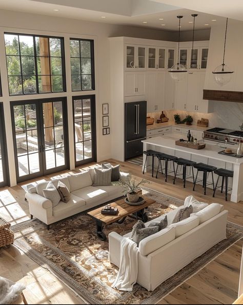 American Style House Interiors, Great Room Layout, Stylish Living Room Ideas, Traditional Farmhouse Kitchen, Home Decor Classic, Open Kitchen Layouts, Open Concept Kitchen Living Room, Open Floor Plan Kitchen, Timeless Home Decor