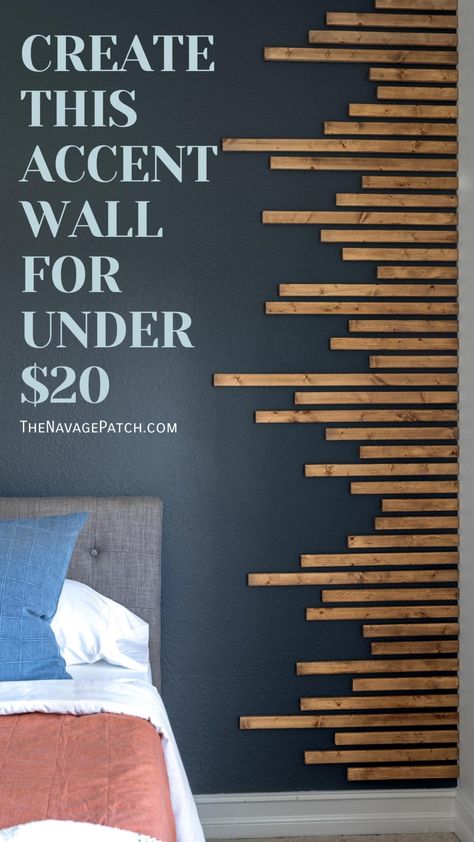 DIY Wood Slat Accent Wall | Wood slat wall DIY | Accent wall ideas bedroom | Young adult bedroom ideas | How to build a wood slat wall | Cheap accent wall ideas bedroom | Inexpensive accent wall ideas | Budget bedroom makeover | $10 accent wall | #TheNavagePatch | TheNavagePatch.com Cheap Accent Wall, Wood Slat Wall Diy, Cheap Accent Wall Ideas, Accent Wall Ideas Bedroom, Slat Wall Diy, Accent Wall Wood, Diy Accent Wall Ideas, Wood Slat Accent Wall, Slat Accent Wall