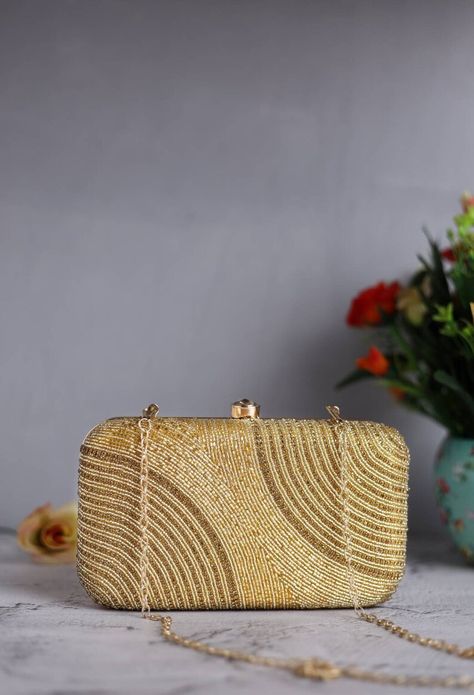 Golden Clutch Purses, Golden Purse, Essential Fashion Pieces, Wardrobe Dimensions, Gold Drawing, Potli Bag, Drawing Bag, Step By Step Crochet, Cap Patterns