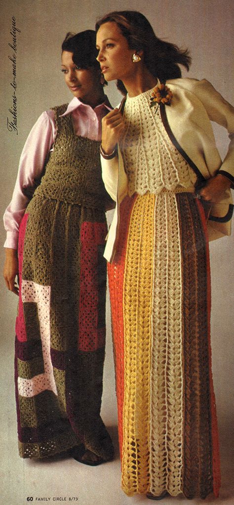 Vintage 70s Crochet Patterns, 70s Outfits Crochet, Crochet Dress 70s, Crochet Vintage Skirt, Vintage Crochet Fashion, 70s Crochet Clothes, 70s Crochet Top Pattern, 1970s Crochet Patterns, 70s Inspired Patterns