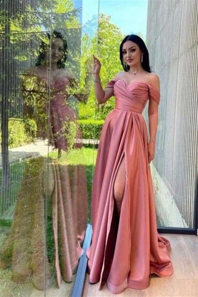 Pastel Color Gown, Vestidos Color Pastel, Split Prom Dresses, Cheap Formal Dresses, Vestidos Color Rosa, Womens Prom Dresses, Dress Aesthetic, A Line Prom Dresses, Satin Prom Dress