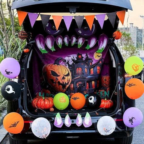 PRICES MAY VARY. [Halloween Car Decor] - Our Halloween car decorations feature classic design elements in black and purple for a unique Halloween style banner, perfect for Halloween trunk or treat car decorations and arch garages. Decorate them on your car or garage door and have a fun Halloween party with your friends and family! [Package Includes] - You will receive 35PCS Halloween themed party decorations, including 1PC “Happy Halloween”backdrop, 1PC triangle banner, 1PC USB LED string lights Trunk Or Treat Decorations For Suv, Car Halloween Decorations, Hotel Transylvania Party, Halloween Trunk Or Treat, Halloween Car Decorations, Halloween Garage, Halloween Theme Party, Halloween Themed Birthday Party, Car Banner