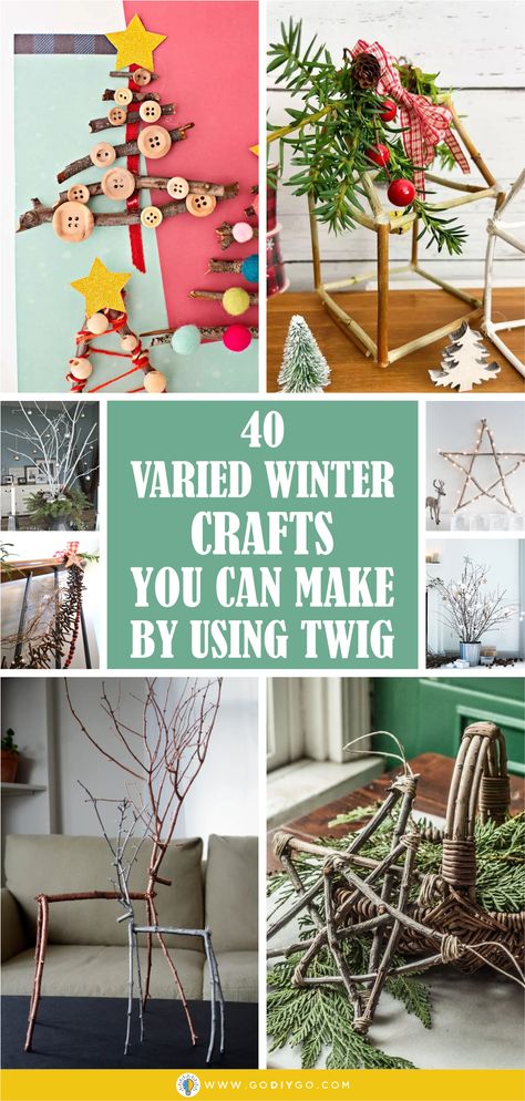 40 Varied Winter Crafts You Can Make by Using Twig - GODIYGO.COM Twig Xmas Tree Ideas, Twig Crafts Diy, White Twig Wreath, Tree Branch Crafts, Forest Crafts, Twig Christmas Tree, Twig Crafts, Potted Christmas Trees, Wall Christmas Tree