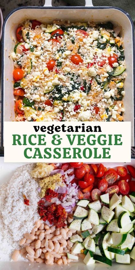 Zucchini, tomatoes, and kale combine with seasoned rice in this easy dump & bake veggie rice casserole. This vegetarian bake is great for weeknight dinners and requires just 15 minutes of active time! Veggie Quinoa Casserole, Veggie Bakes Recipes, Vegetarian Crockpot Meal Prep, Best Veggie Casserole Recipes, Loaded Veggie Casserole, Baked Rice Meals, Meatless Dump Dinners, Healthy Rice Bake, Meals Loaded With Veggies