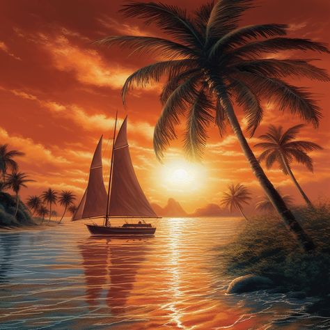 5D Diamond Painting Sailboat Palm Tree Sunset Kit Offered by Bonanza Marketplace. www.BonanzaMarketplace.com #diamondpainting #5ddiamondpainting #paintwithdiamonds #disneydiamondpainting #dazzlingdiamondpainting #paintingwithdiamonds #sunsetdiamondpainting #sunsetdiamondart Abstract Artwork Painting, Seaside Landscape, Angel Posters, Boat Wall Art, Beach Sunset Wallpaper, Tree Sunset, Palm Trees Painting, Palm Tree Sunset, Sunrise Pictures