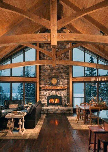 Top 70 Best Vaulted Ceiling Ideas - High Vertical Space Designs Lodge Living Room, Vaulted Ceiling Ideas, Cottage Retreat, Lakeside Cottage, Rustic Home Design, Timber Frame Homes, Log Cabin Homes, Timber House, Home Fireplace