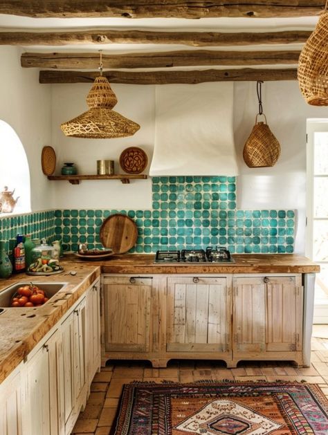 27 Boho Kitchens With Moroccan Wall Tiles - TastyInteriors Moroccan Kitchen Design, Talavera Tile Kitchen, Italian Villa Decor, Santa Fe Kitchen, Moroccan Tiles Kitchen, Moroccan Backsplash, Moroccan Wall Tiles, Talavera Backsplash, Diy Kitchen Hacks