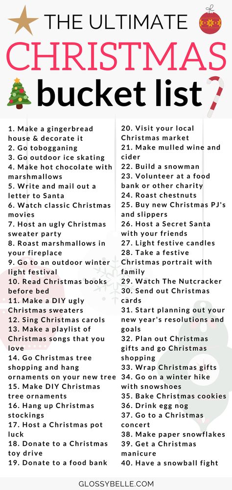 The Ultimate Christmas Bucket List: 40 Fun Holiday Activities – Glossy Belle Activities For Christmas, Fun Holiday Activities, Christmas Checklist, Herbst Bucket List, Christmas To Do List, Christmas Bucket List, Fun Christmas Activities, Christmas Bucket, Christmas Prep