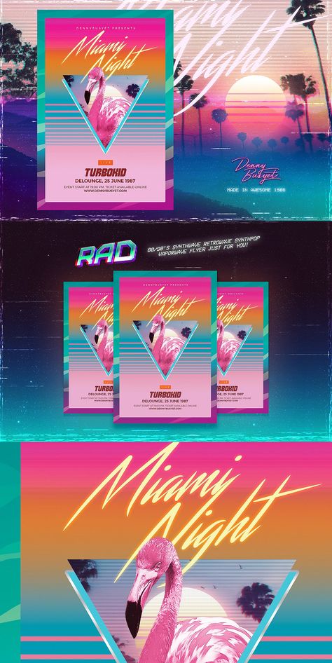 Miami Night 80's Synthwave Flyer Templates PSD 80s Synthwave, Synthwave Art, Web Design Websites, Online Web Design, Web Design Quotes, Miami Night, Flyers Design, 80s Design, New Retro Wave